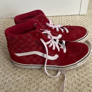 Size 4 boys high top Vans—red with red checks